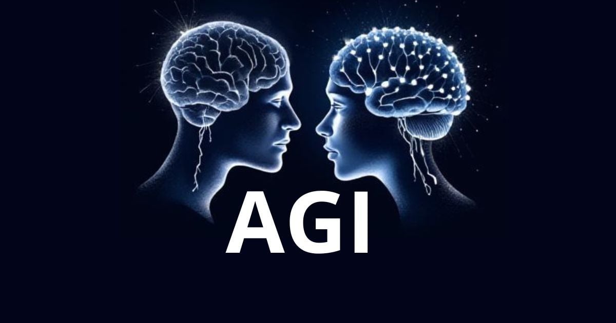 Profile of two people, brain and glowing synapses, white  text AGI in between,black becground