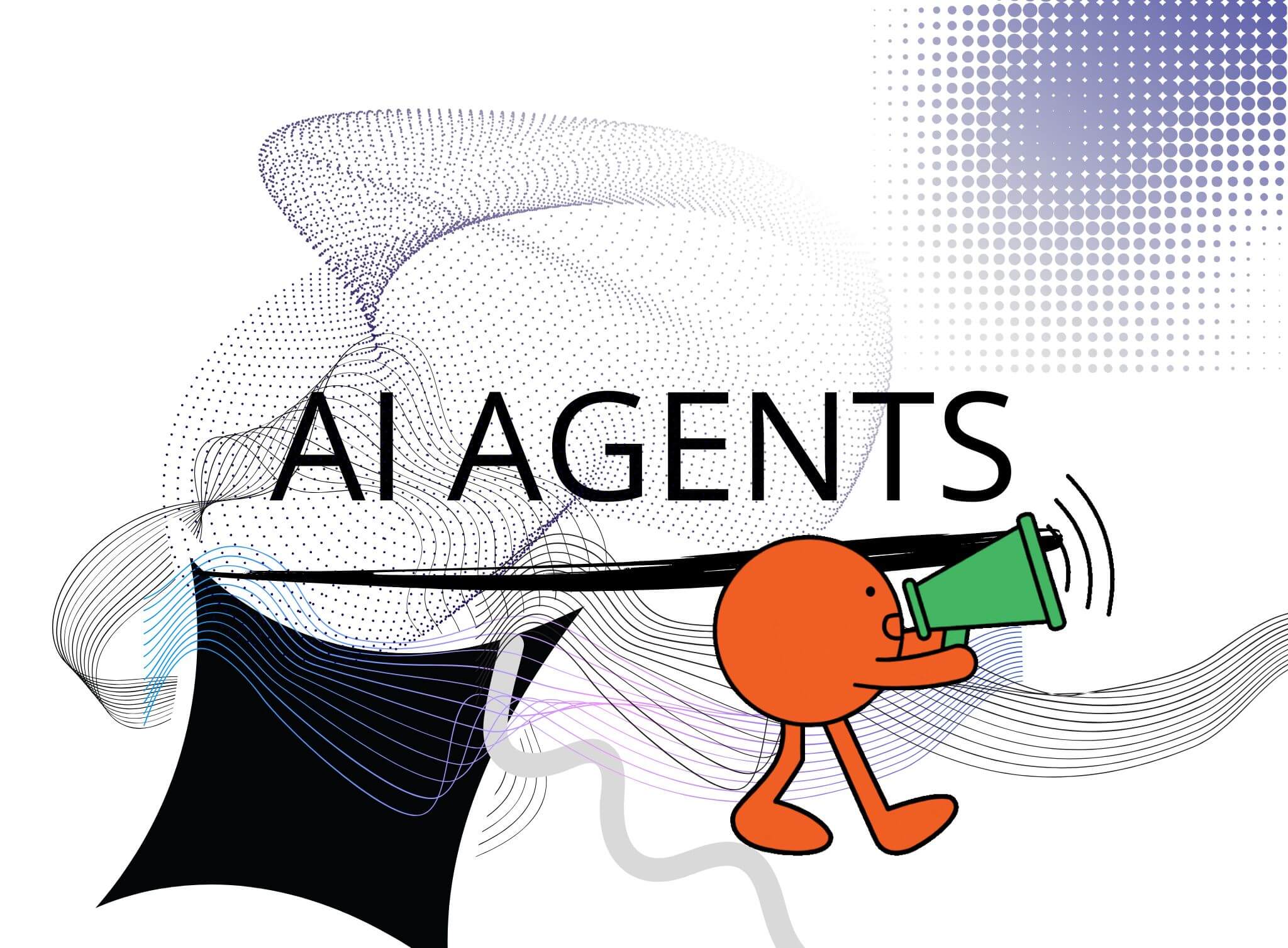 Graphic illustration of a cartoon character shouting 'AI agents' through a megaphone in front of a futuristic network grid, representing the rapid rise of autonomous AI agents, their expanding capabilities, and the urgent need for regulatory frameworks to govern AI‑driven decision‑making