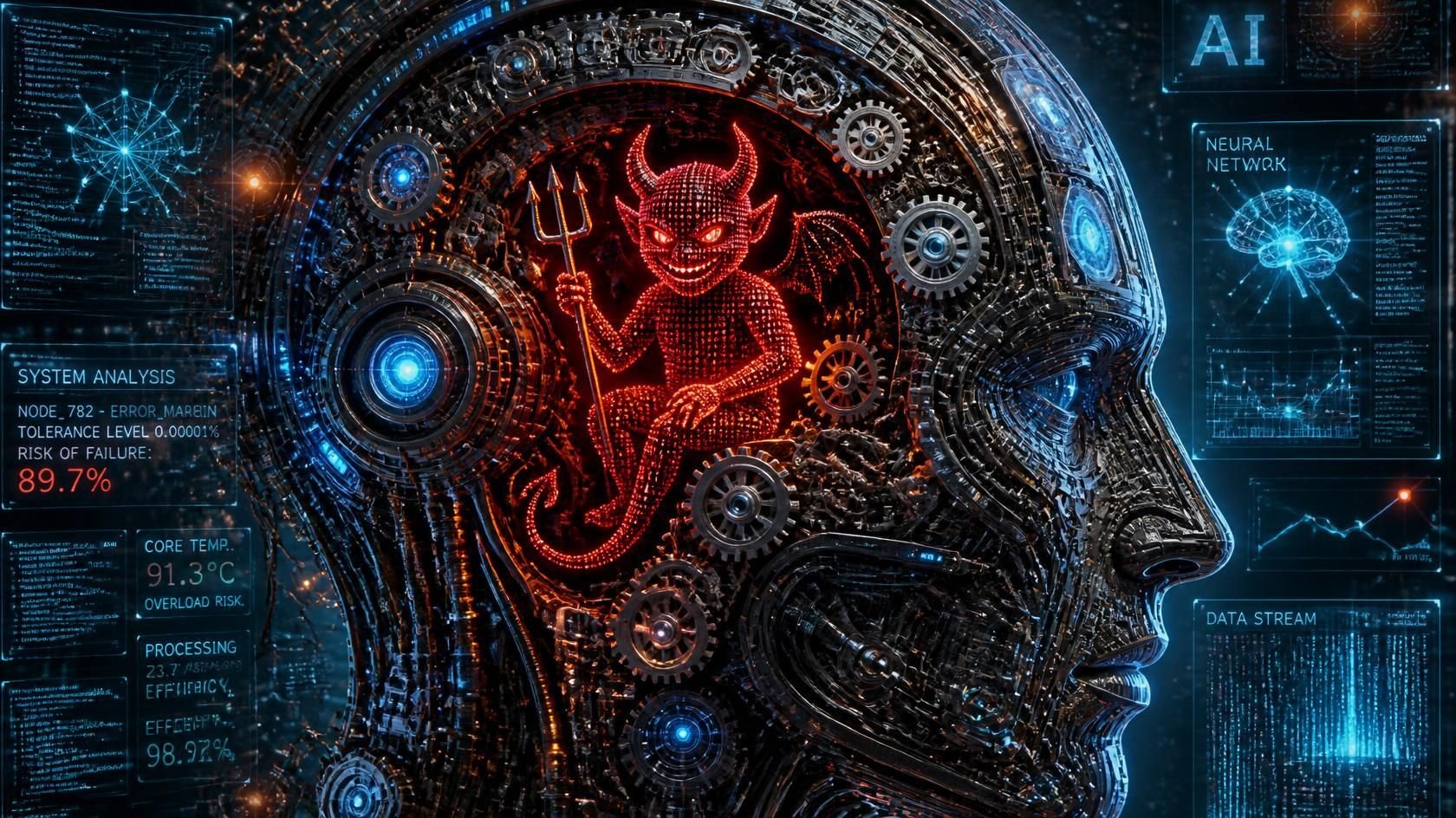 A highly detailed illustration of artificial intelligence as a complex machine filled with tiny gears, circuits, and glowing data streams. In the center, a small mischievous devil made of digital code hides among the details, symbolizing how small mistakes can cause big problems.
