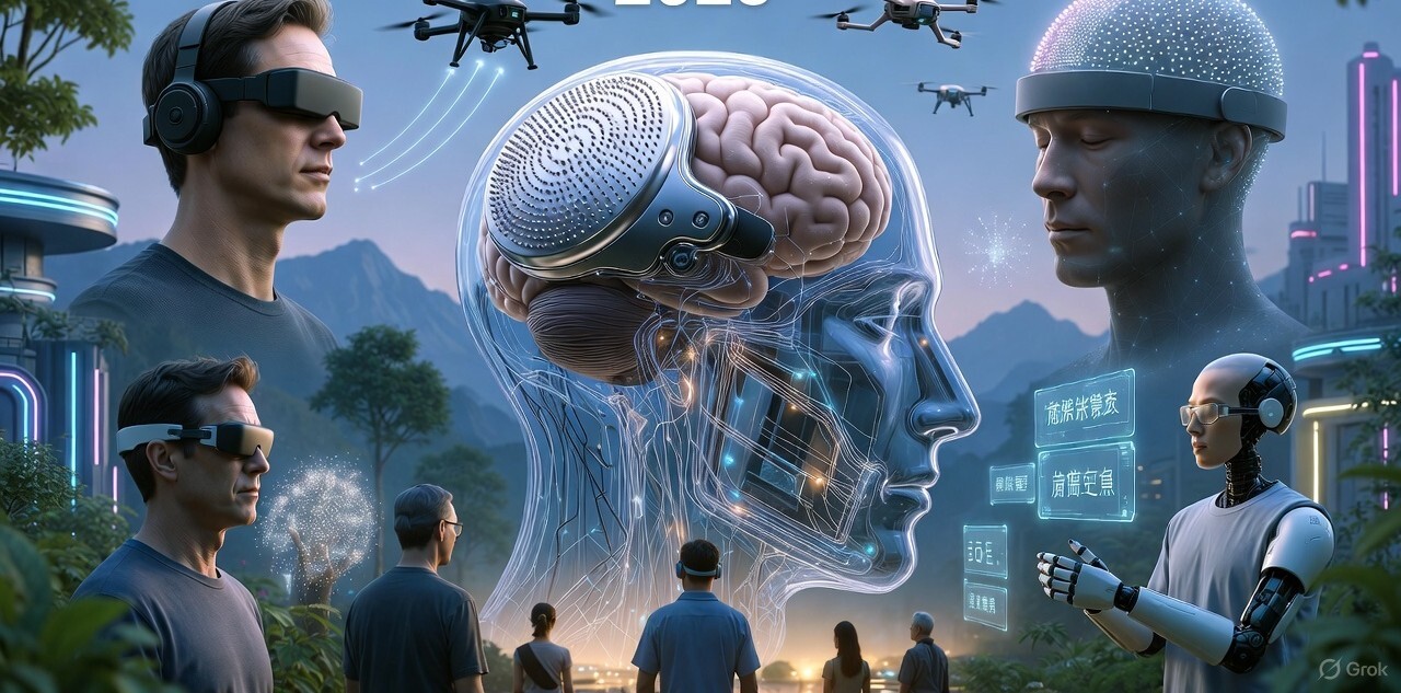 Futuristic illustration of people using BCI brain–computer interface devices, including smart glasses and headphones, with a visualized brain interior showing embedded neurotechnology components, accompanied by a humanoid robot in a high‑tech environment.