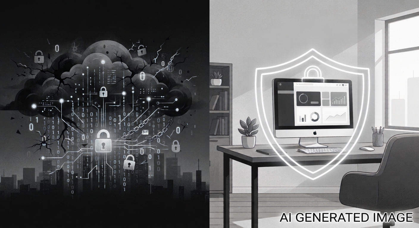 illustration of cloud AI locked and office with local AI -AI generated image