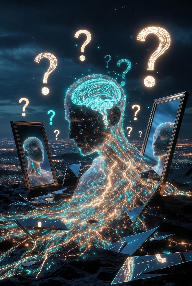  Illustration of a futuristic human silhouette surrounded by reflective mirror‑like surfaces and glowing city lights, symbolizing contextual understanding, autonomous digital agents and advanced AI‑driven task delegation