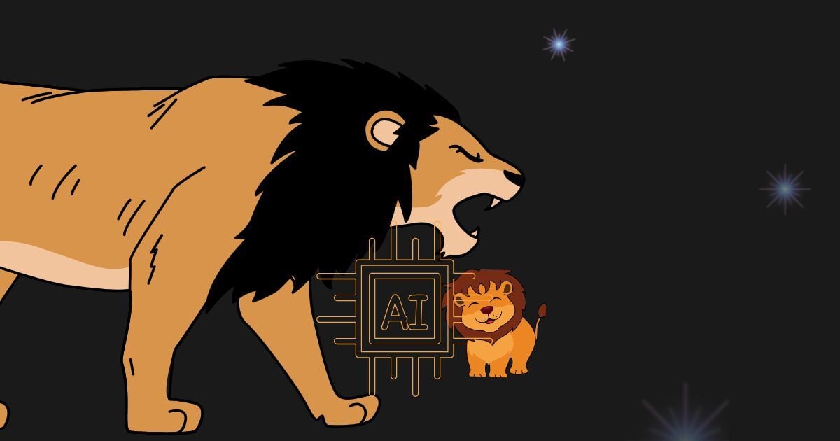 Graphic illustration of an adult lion shouting, with an AI icon and a fast-growing lion cub in the background representing artificial intelligence industry risks.