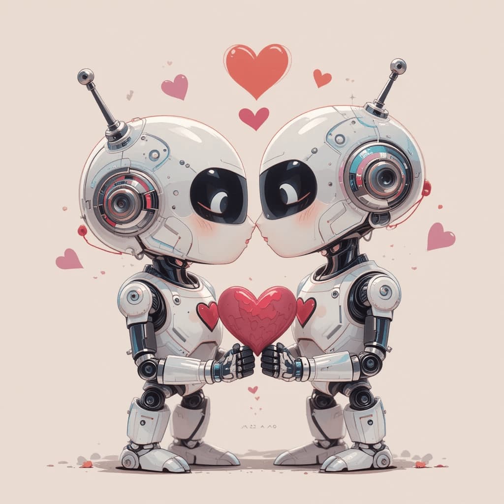 Graphic illustration of two cute love‑themed robots with a red heart between them, symbolizing emotionally responsive AI chatbots, human‑AI interaction and the evolution of conversational artificial intelligence